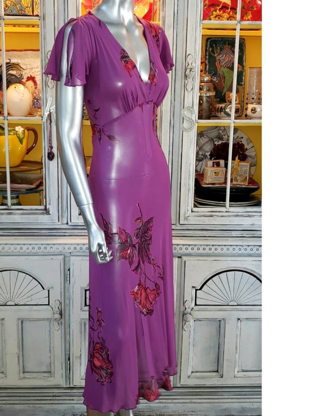 Vintage Betsey Johnson New York 90s Sheer Purple Floral Rose Midi Slip Dress - Picture 4 of 14